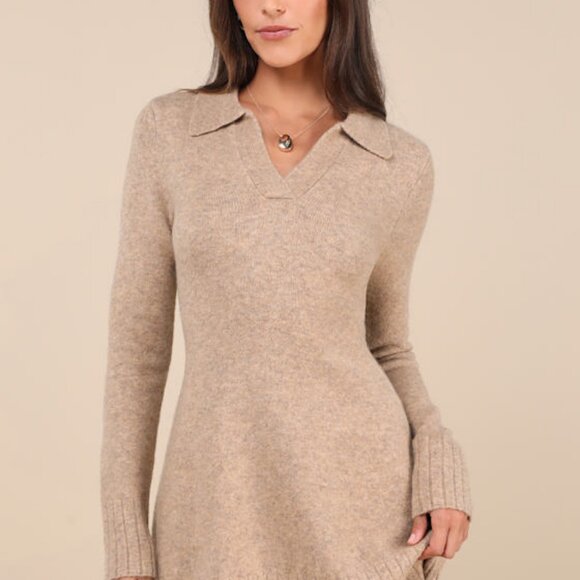 Lulus Dresses & Skirts - Lulus Soft Serenity Heather Taupe Collared Sweater Mini Dress - Size L